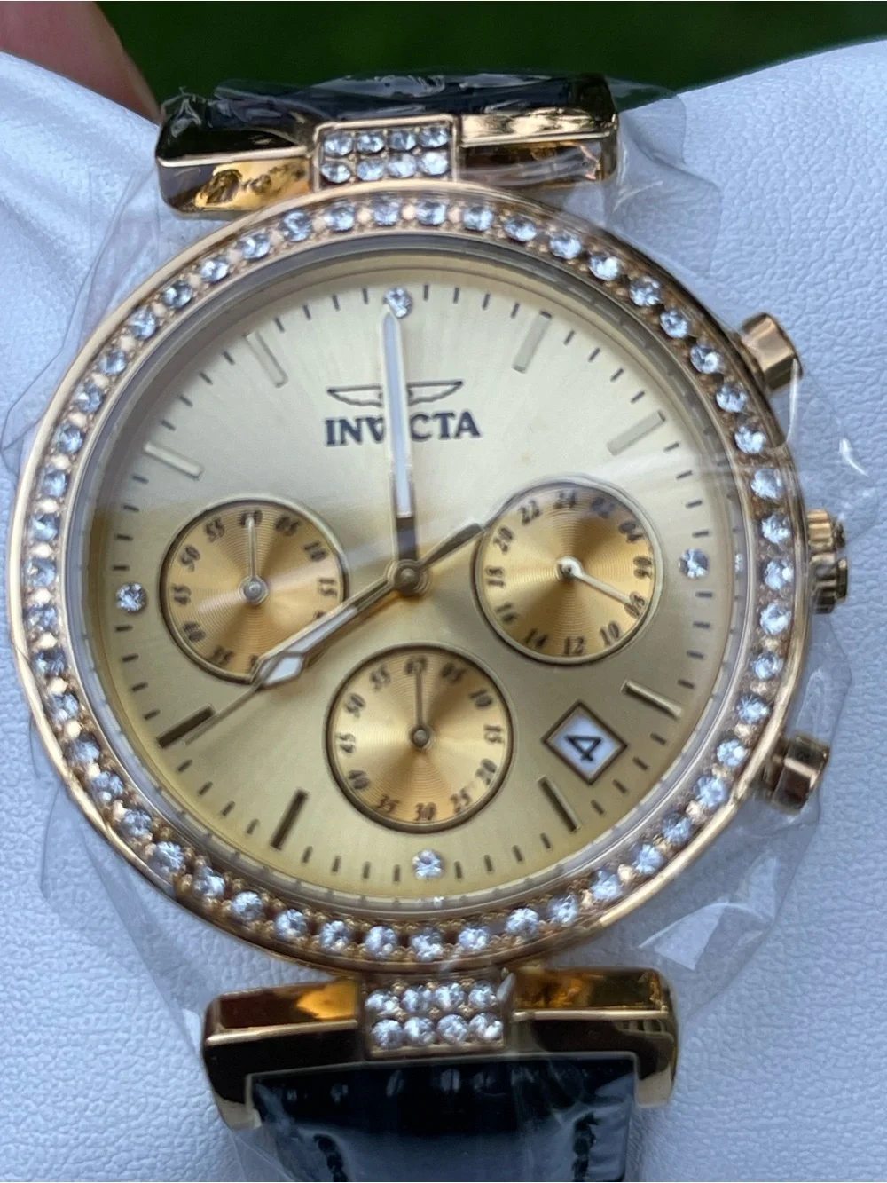 Invicta Celestial Gold Crystal Chronograph Women's Watch with Black Strap 38mm